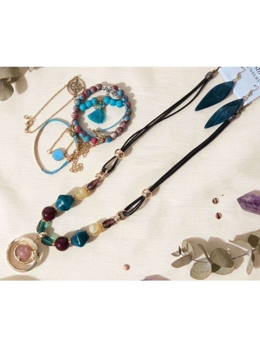 Beonon Bohemian Beaded Statement Necklace Bracelet Earring Multi Piece Set